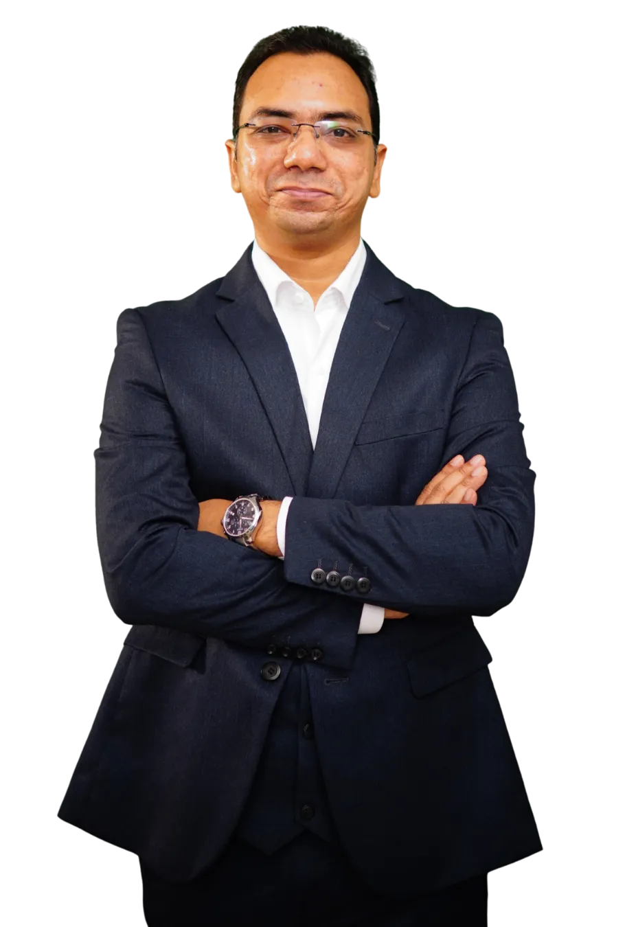 Mark Anupom Mollick, arms crossed, in a navy suit